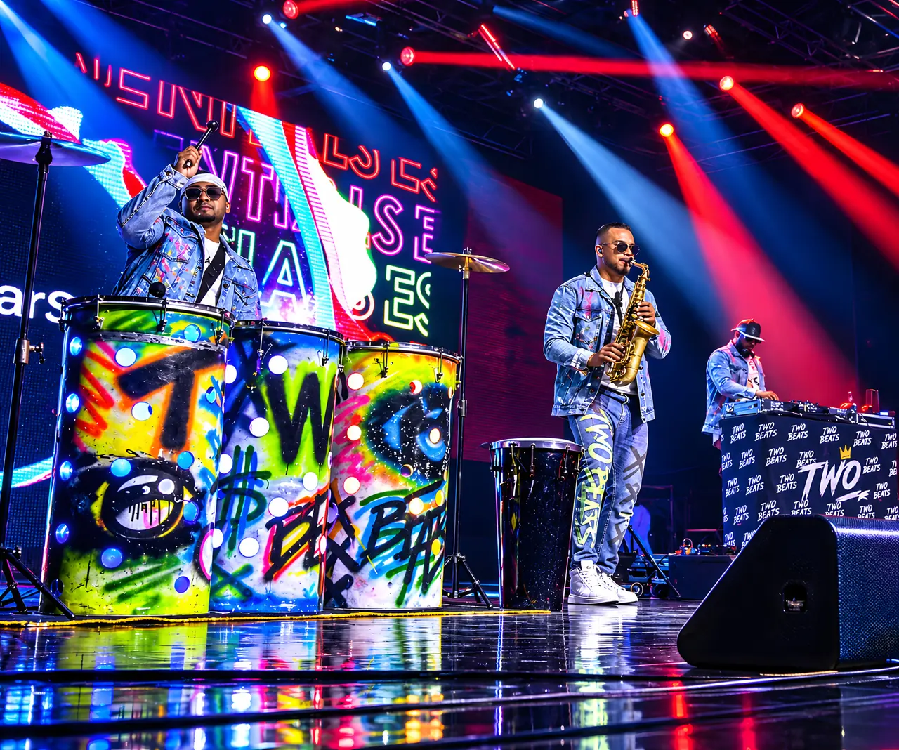 Two Beats ao vivo: tambores grafitados, saxofone e DJ no palco