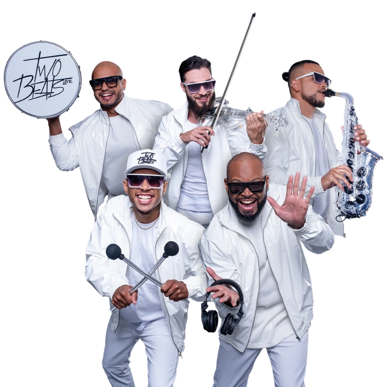 Two Beats Live - banda com DJ, saxofone, violino e tambores de luz em apresentação ao vivo